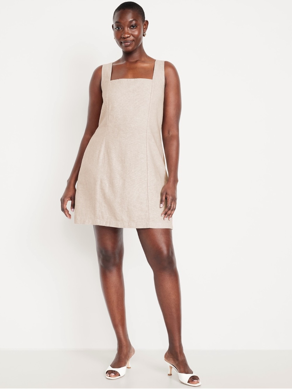 Old Navy Square-Neck Linen-Blend Mini Dress in Beige